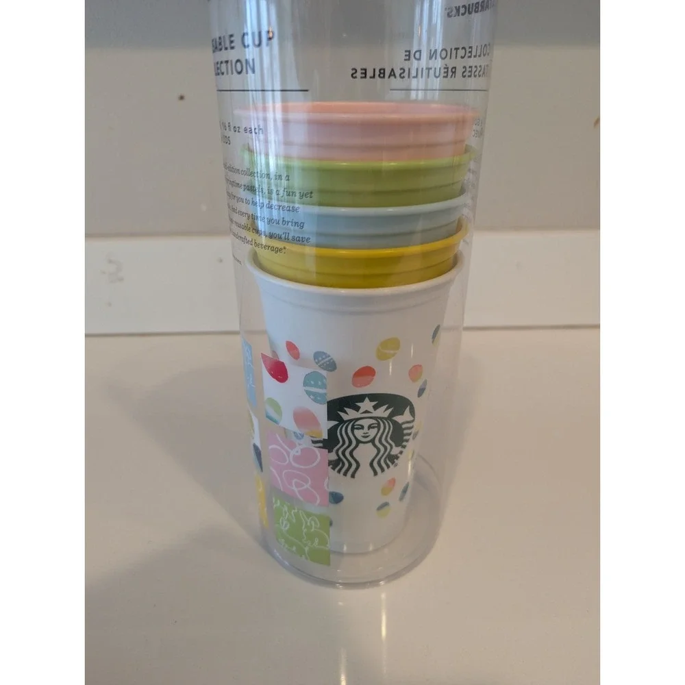 Starbucks 2018 Reusable Easter Pastel Cups Set Of 5 16oz cups W/Lids Rabbit Egg